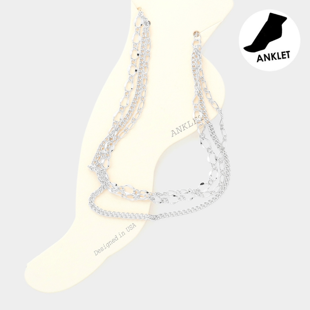 Triple Layered Rhodium Silver Link Chain Style Anklet Fashion Jewelry Accessory